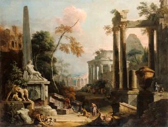 Landskap med klassiska ruiner och figurer, c.1725-30